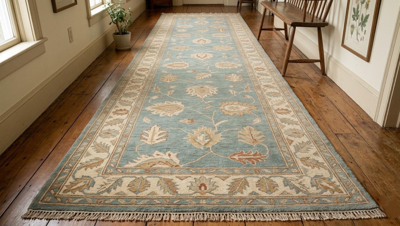 Hand-Knotted Wool Runner Rug, Blue Floral Garden Oriental Hallway Carpet