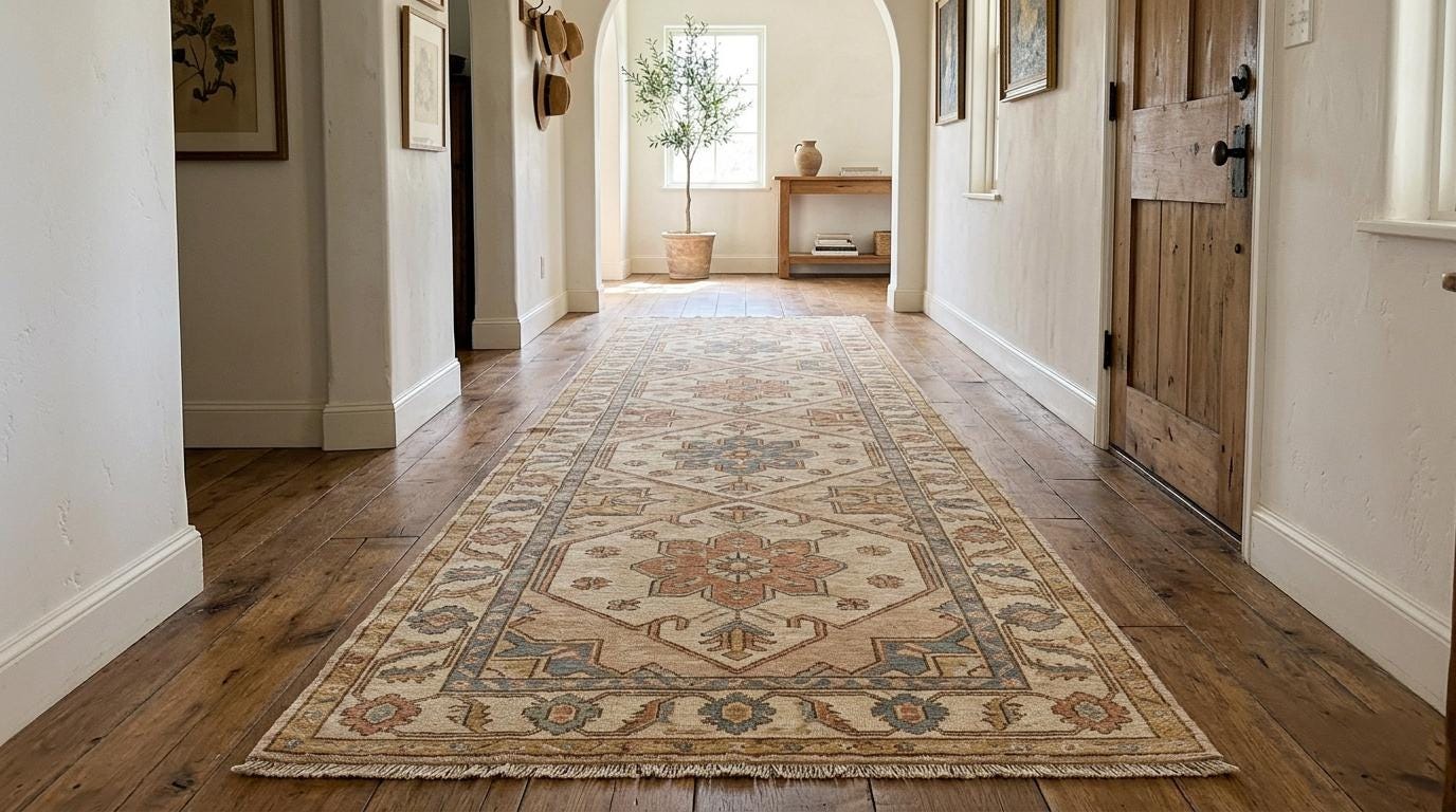Handmade Oushak Runner Rug, Vintage Turkish Beige Floral Wool, Narrow Corridor Boho Carpet