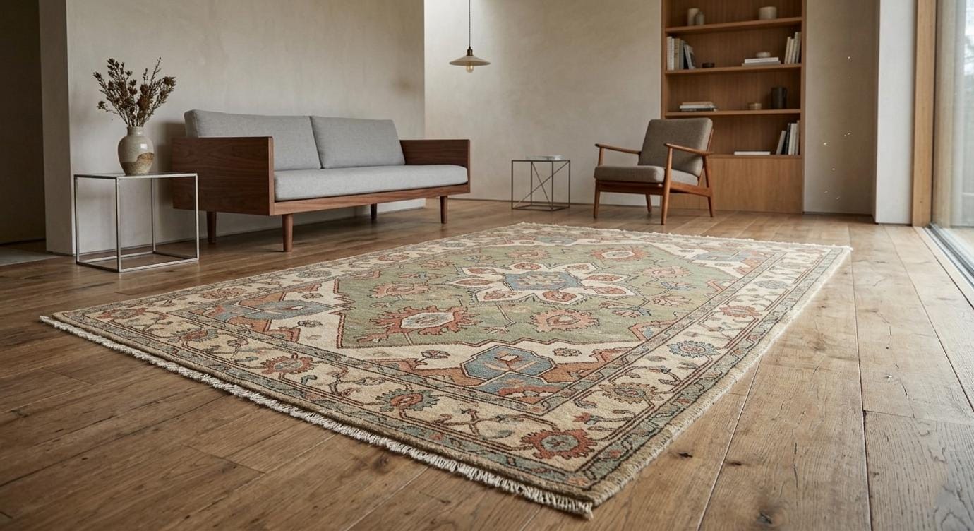 Hand Knotted Wool Oushak Rug, Sage Green Floral Oriental Carpet 8x10 Ft