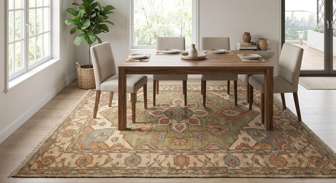Hand Knotted Wool Oushak Rug, Sage Green Floral Oriental Carpet 8x10 Ft