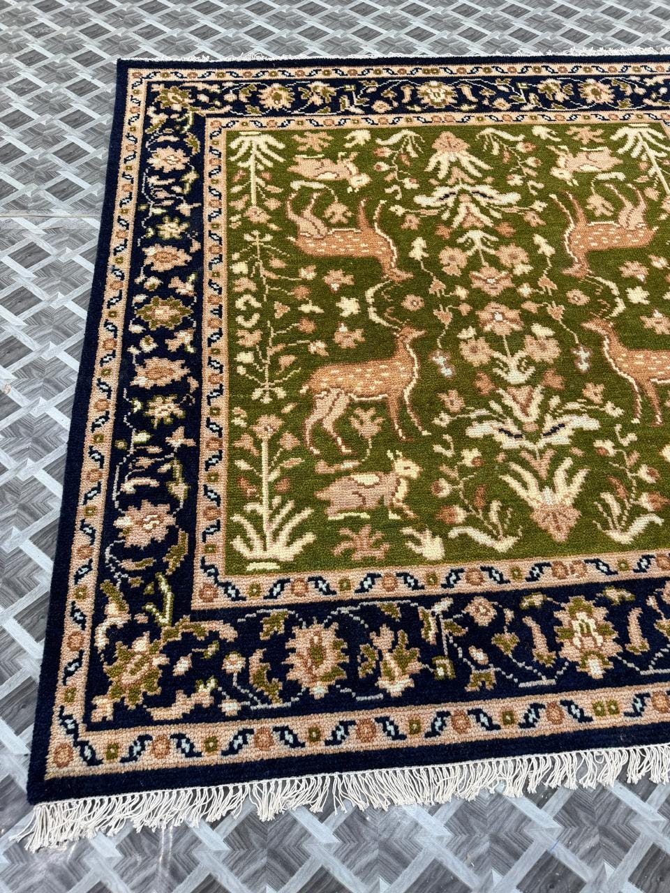 Hand Knotted Wool Oriental Rug, Green Floral Navy Border Carpet