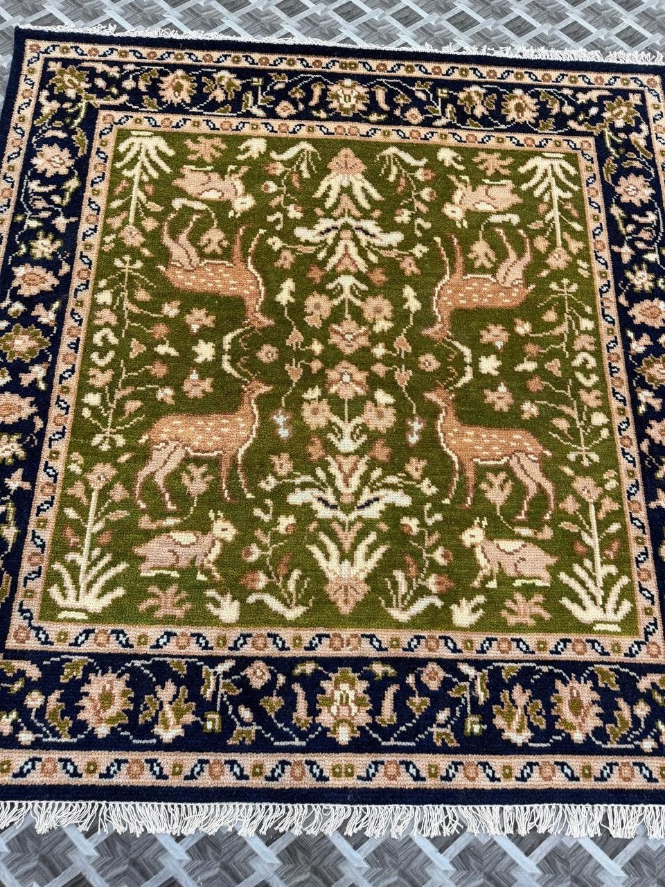 Hand Knotted Wool Oriental Rug, Green Floral Navy Border Carpet