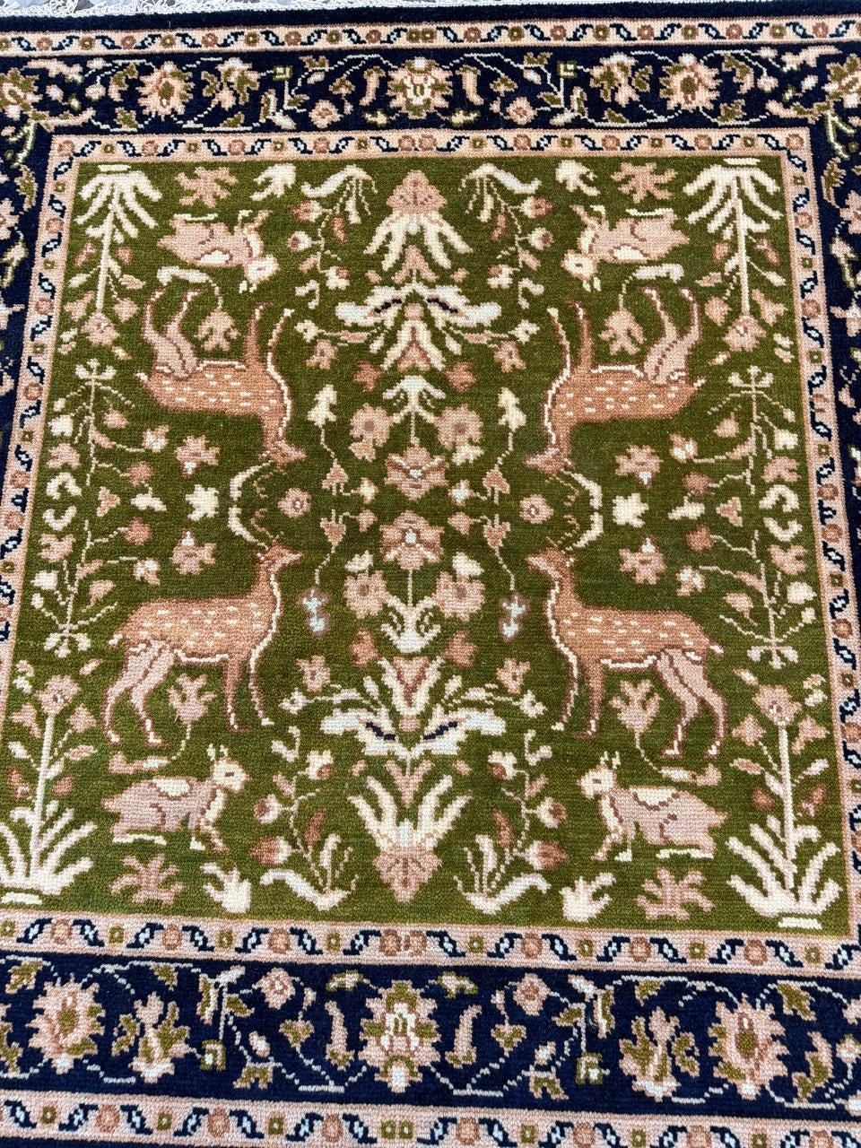 Hand Knotted Wool Oriental Rug, Green Floral Navy Border Carpet