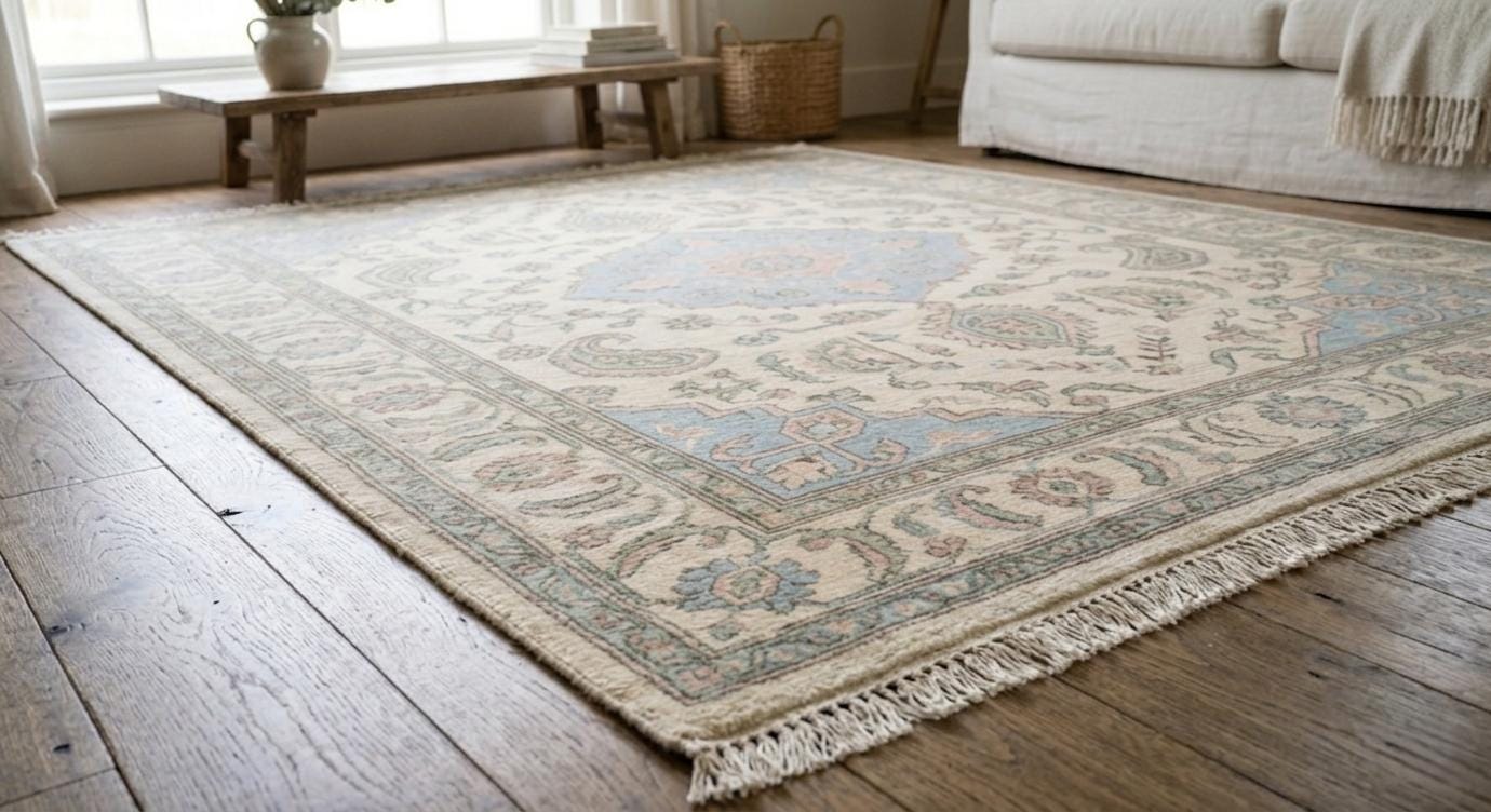 Hand Knotted Wool Rug, Pastel Floral Medallion, Turkish Boho Carpet, Beige Blue Living Room