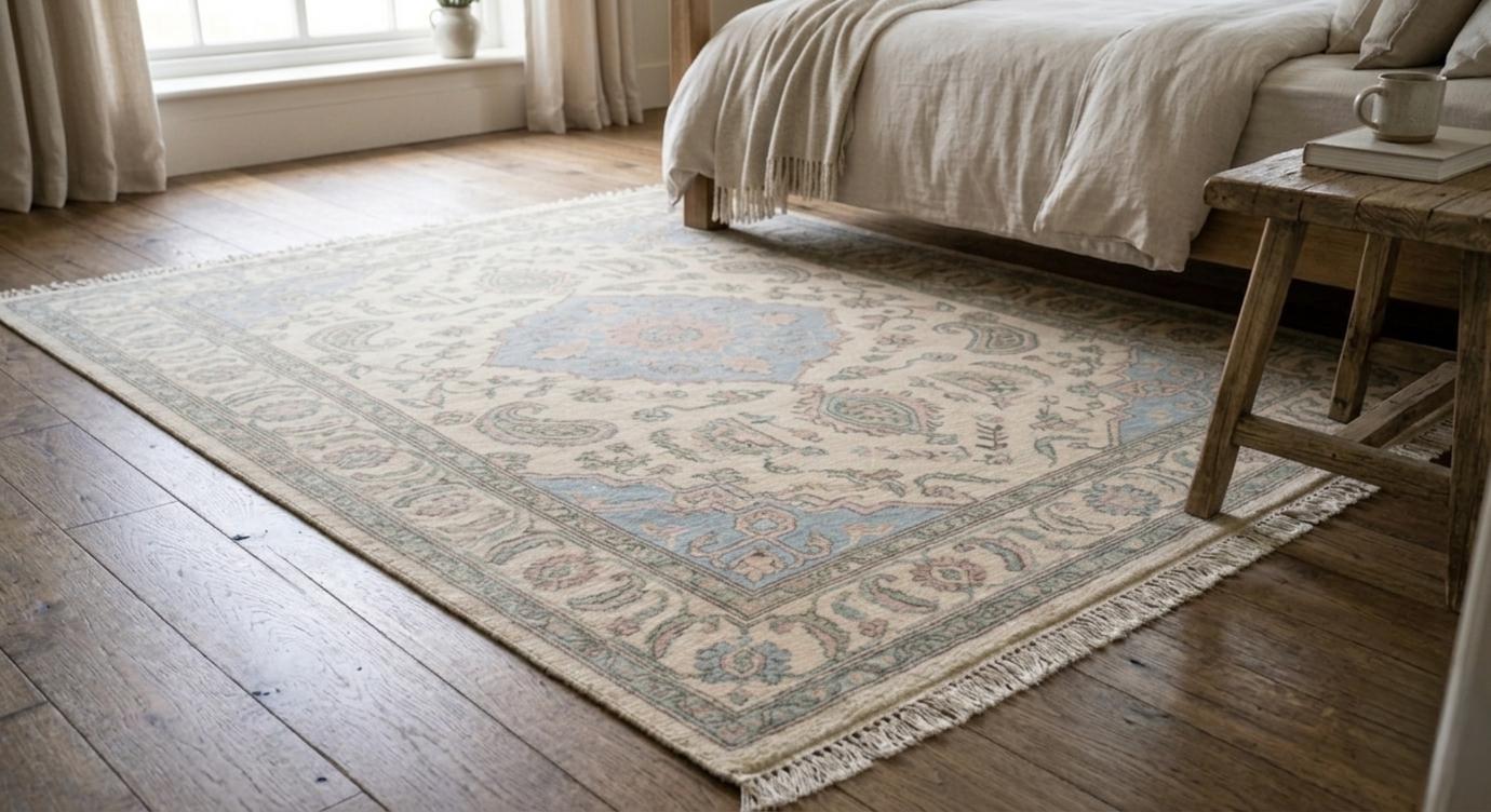 Hand Knotted Wool Rug, Pastel Floral Medallion, Turkish Boho Carpet, Beige Blue Living Room
