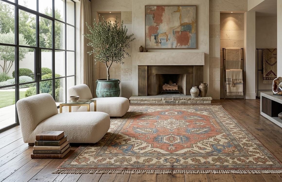 Hand Knotted Wool Turkish Rug, Terracotta Blue Oriental Area Carpet
