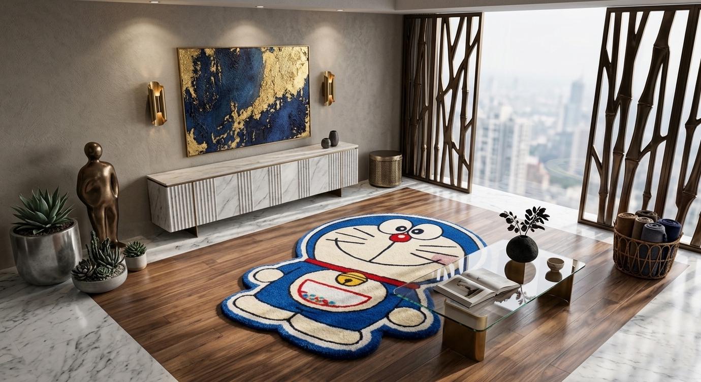 Handmade Doraemon Tufted Rug: Cartoon Anime Blue Character Floor Mat