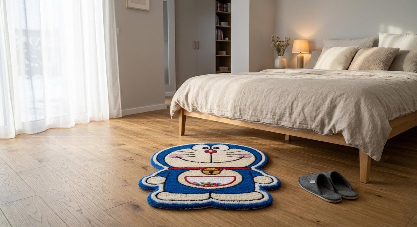 Handmade Doraemon Tufted Rug: Cartoon Anime Blue Character Floor Mat