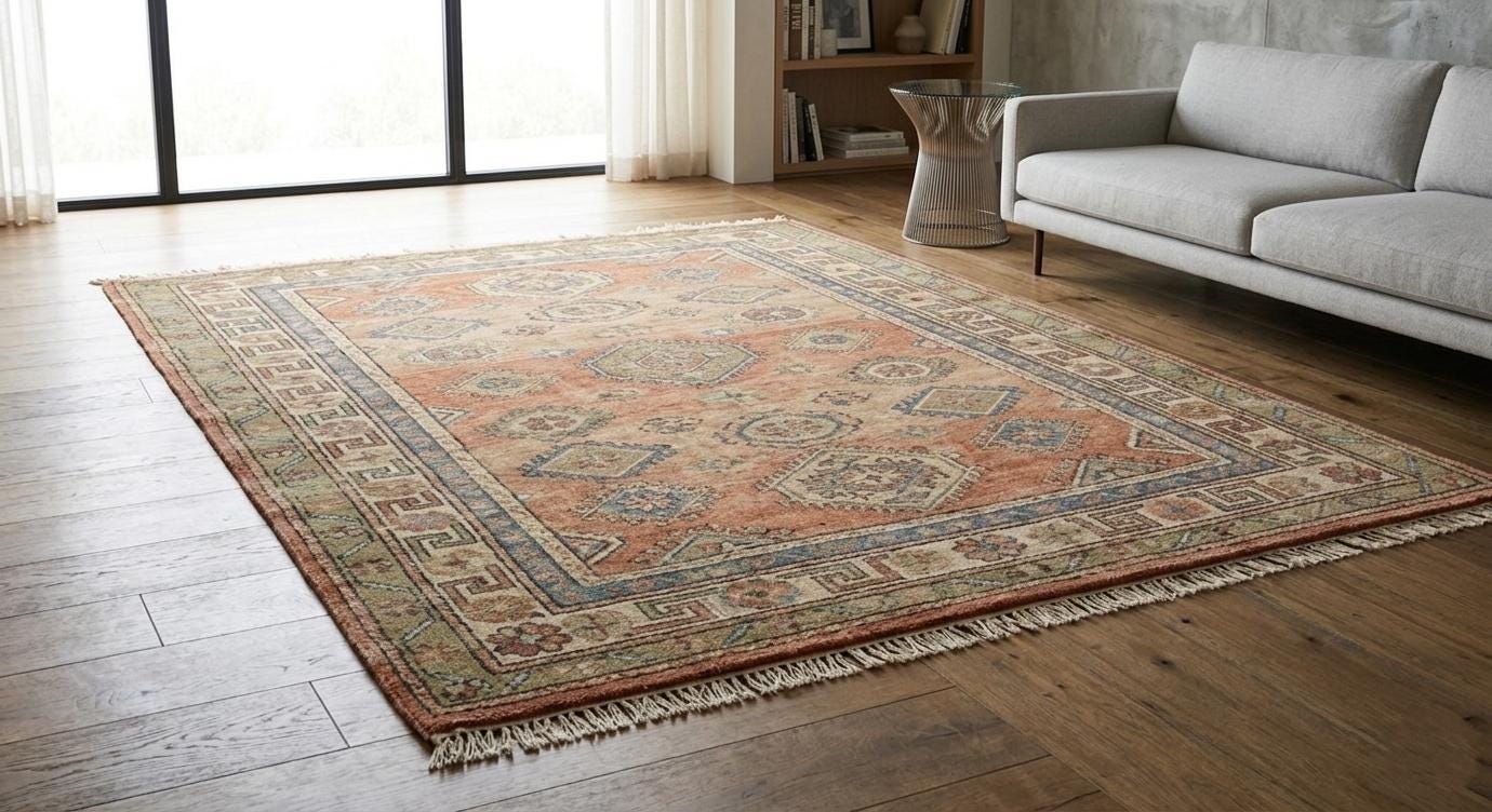 Vintage Turkish Oushak Wool Rug, Peach Blue Distressed Oriental Carpet (8x10)