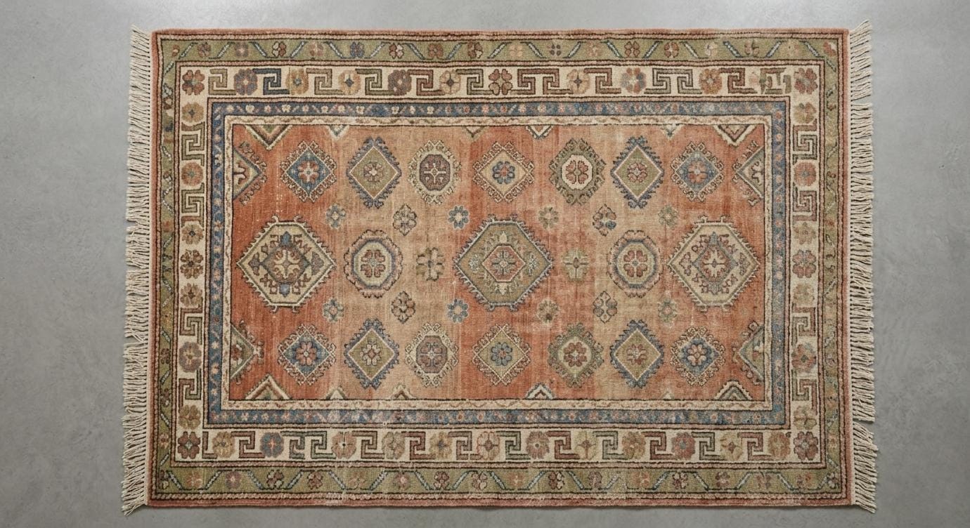 Vintage Turkish Oushak Wool Rug, Peach Blue Distressed Oriental Carpet (8x10)