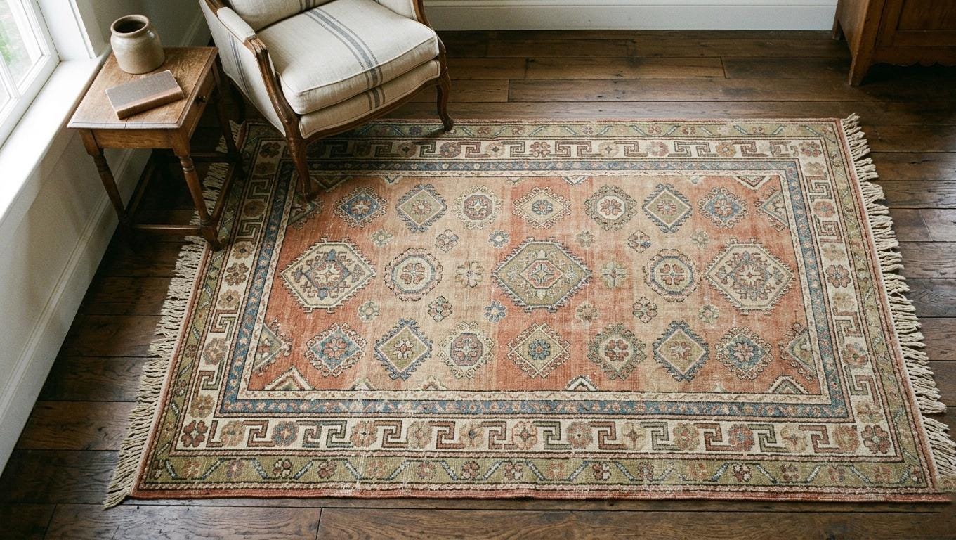 Vintage Turkish Oushak Wool Rug, Peach Blue Distressed Oriental Carpet (8x10)
