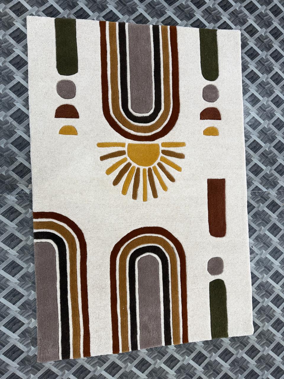 Handmade Boho Rainbow Sun Tufted Rug, Neutral Earth Tone Geometric Carpet
