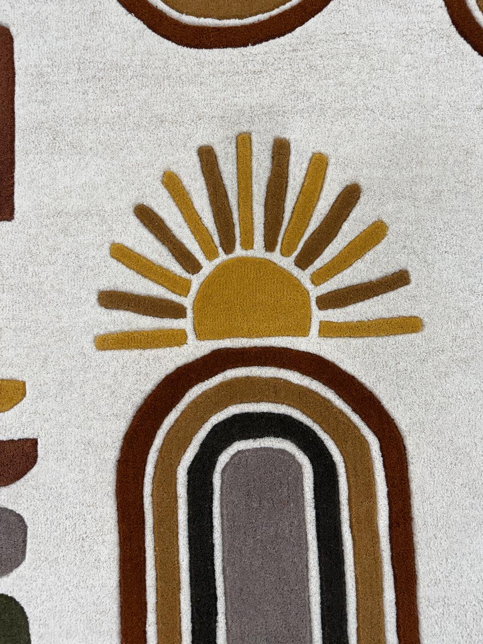 Handmade Boho Rainbow Sun Tufted Rug, Neutral Earth Tone Geometric Carpet