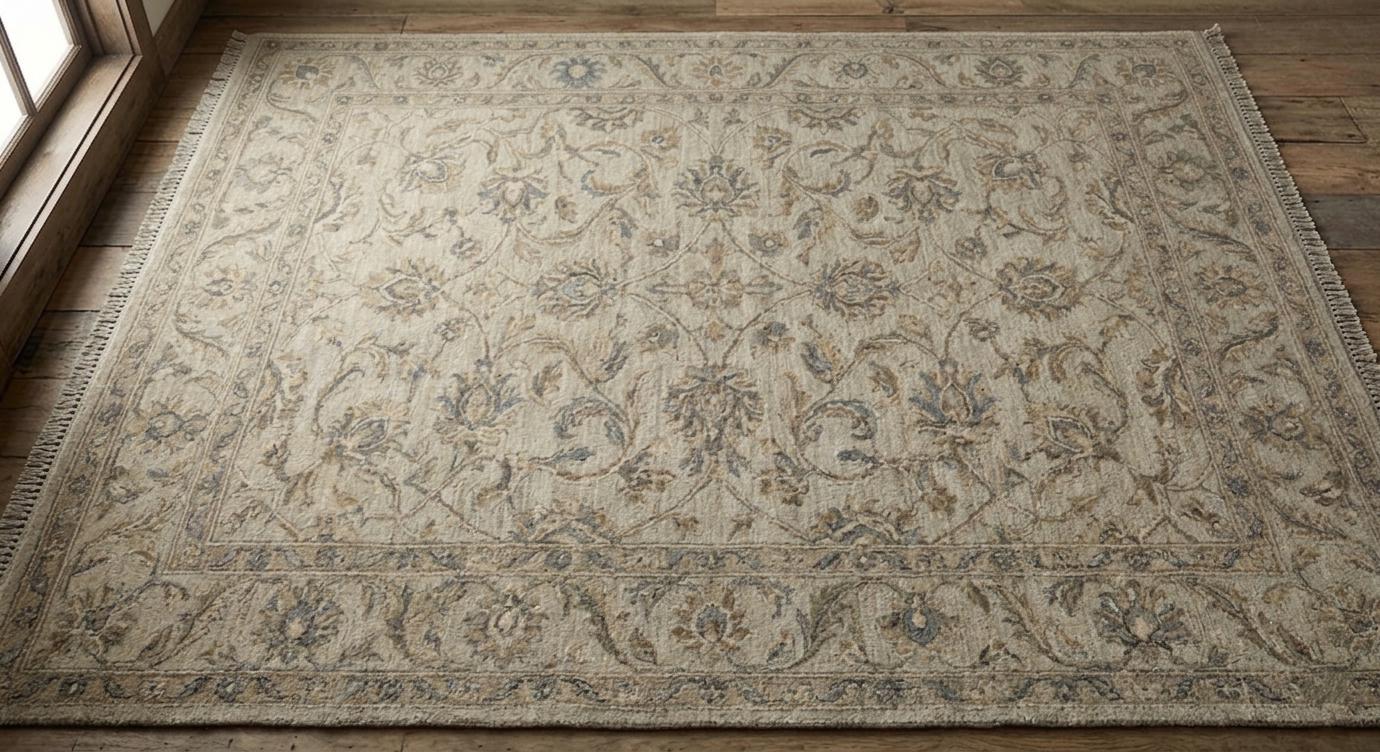 Hand Knotted Wool Rug, Persian Floral Area Carpet, Neutral Beige Living Room