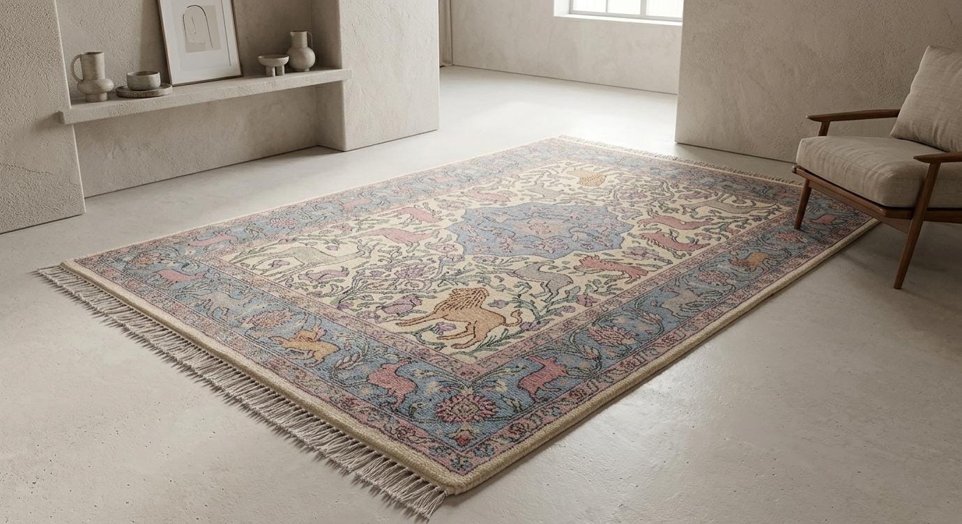 Hand-Knotted Wool Persian Animal Rug, Vintage Floral Garden Carpet