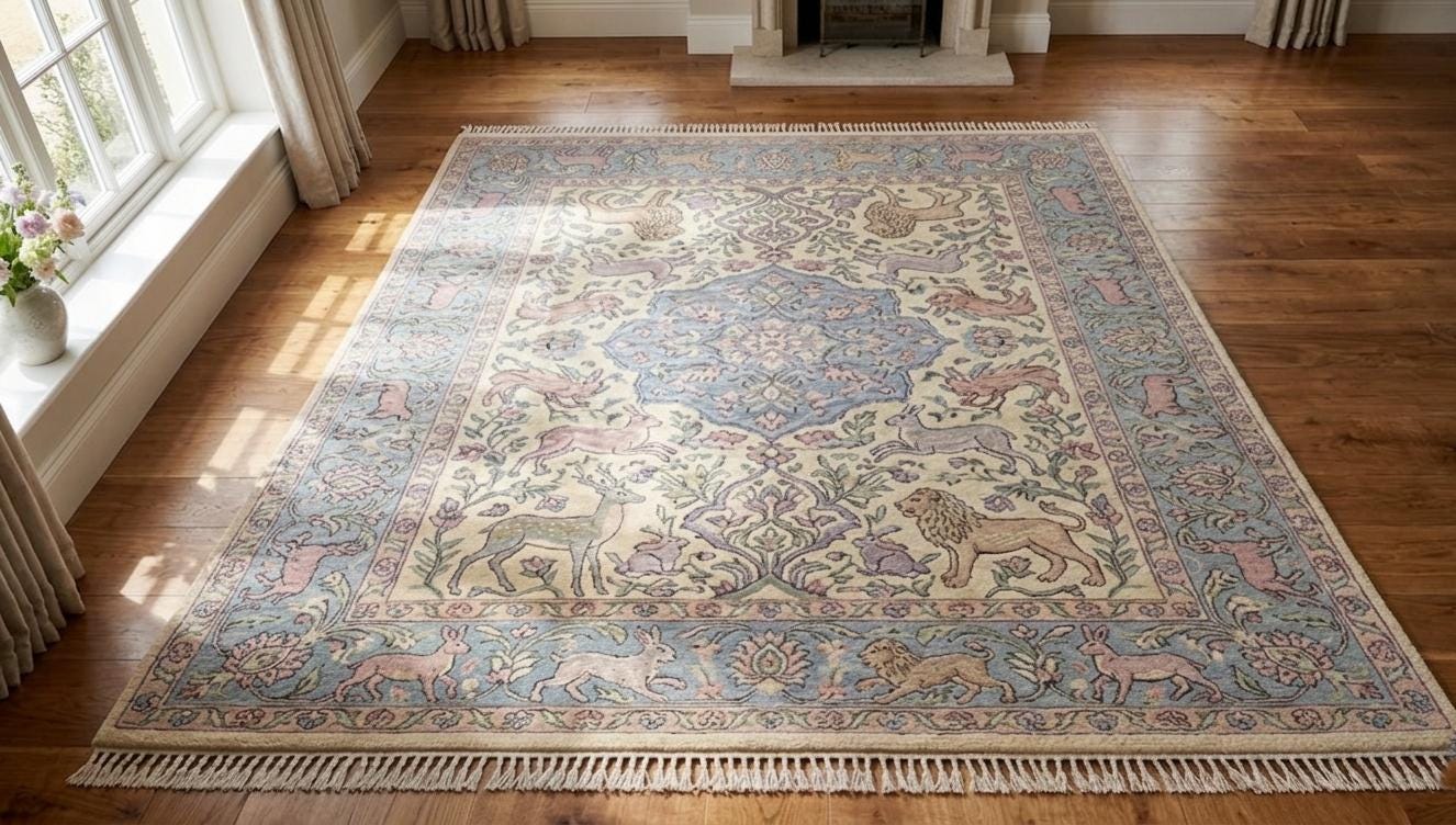 Hand-Knotted Wool Persian Animal Rug, Vintage Floral Garden Carpet