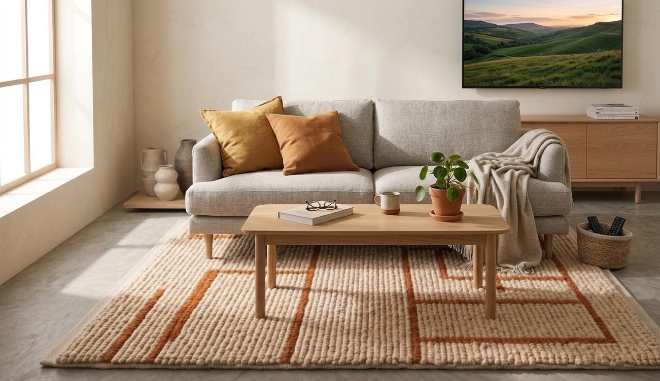 Handmade Chunky Wool Rug, Geometric Cream Area Carpet, Textured Boho Living Room Décor