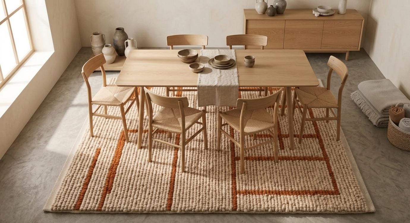 Handmade Chunky Wool Rug, Geometric Cream Area Carpet, Textured Boho Living Room Décor