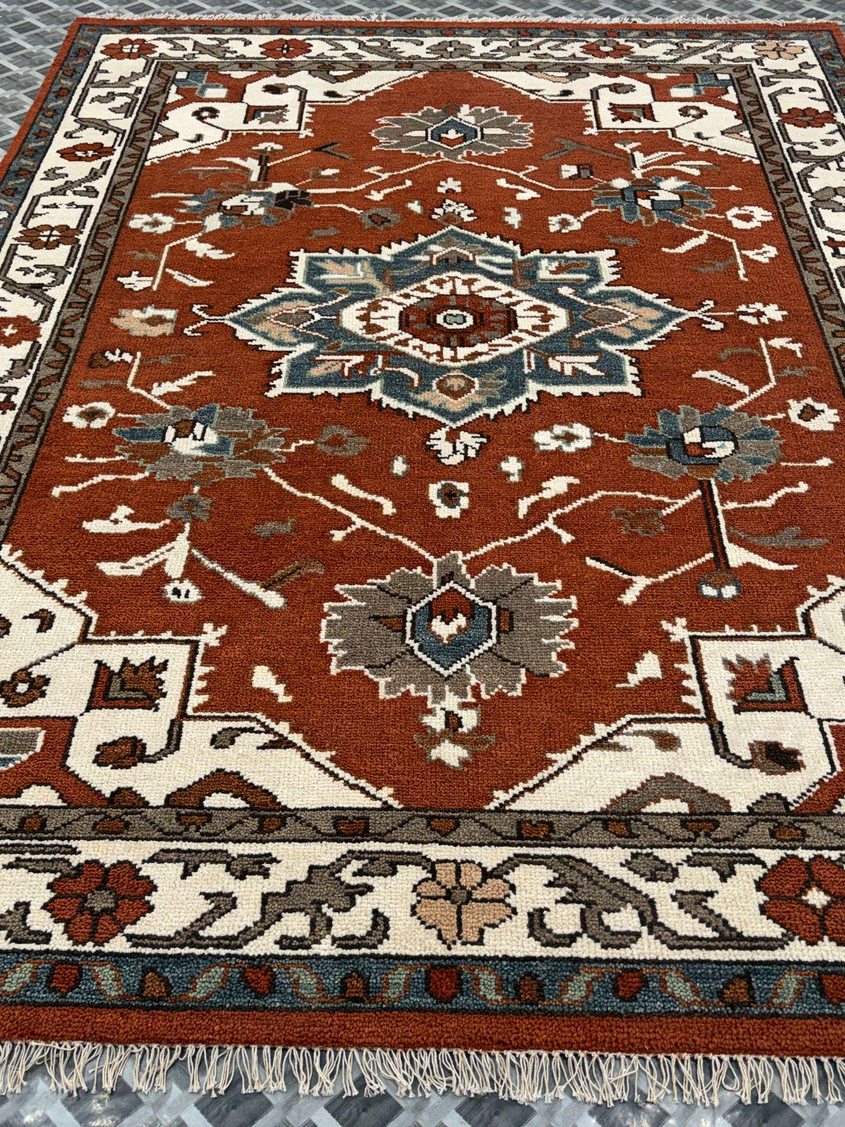 Handmade Rust Red Oriental Wool Rug, Vintage Floral Medallion Carpet