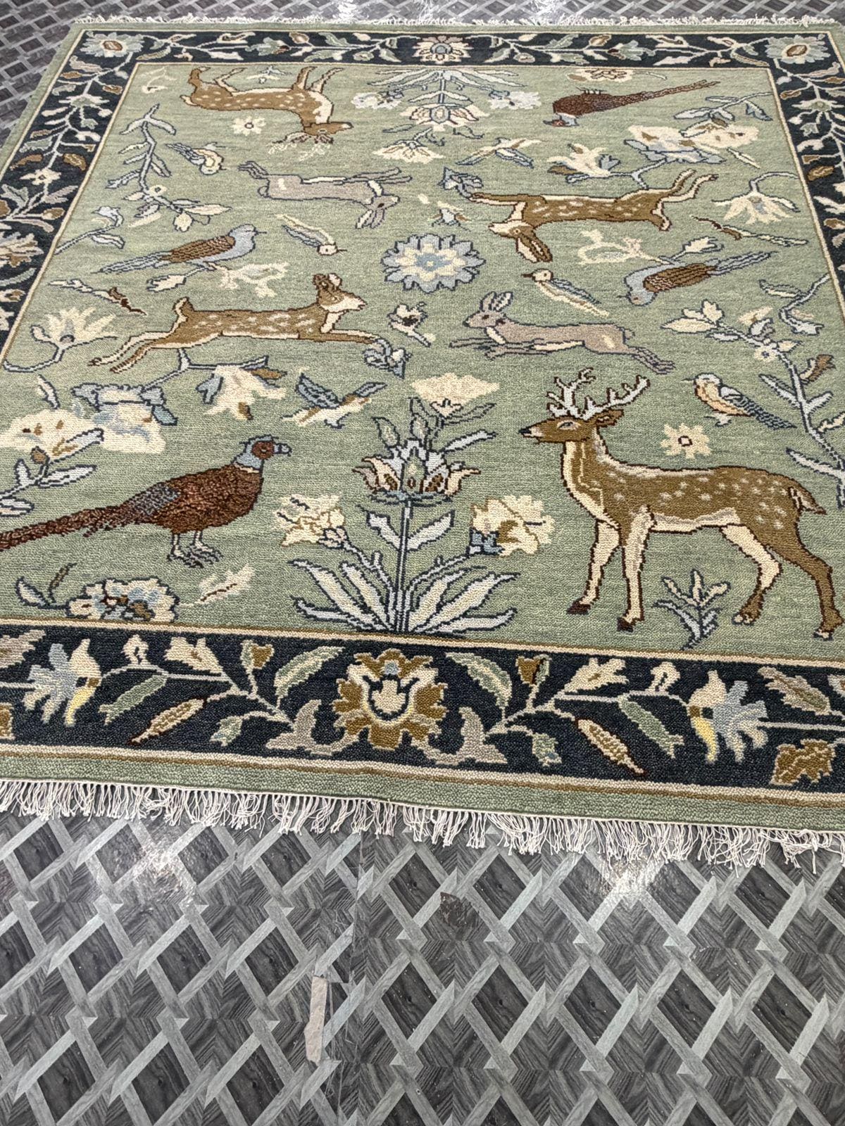 Hand-Knotted Wool Woodland Animal Rug, Deer Bird Nature Nursery Carpet