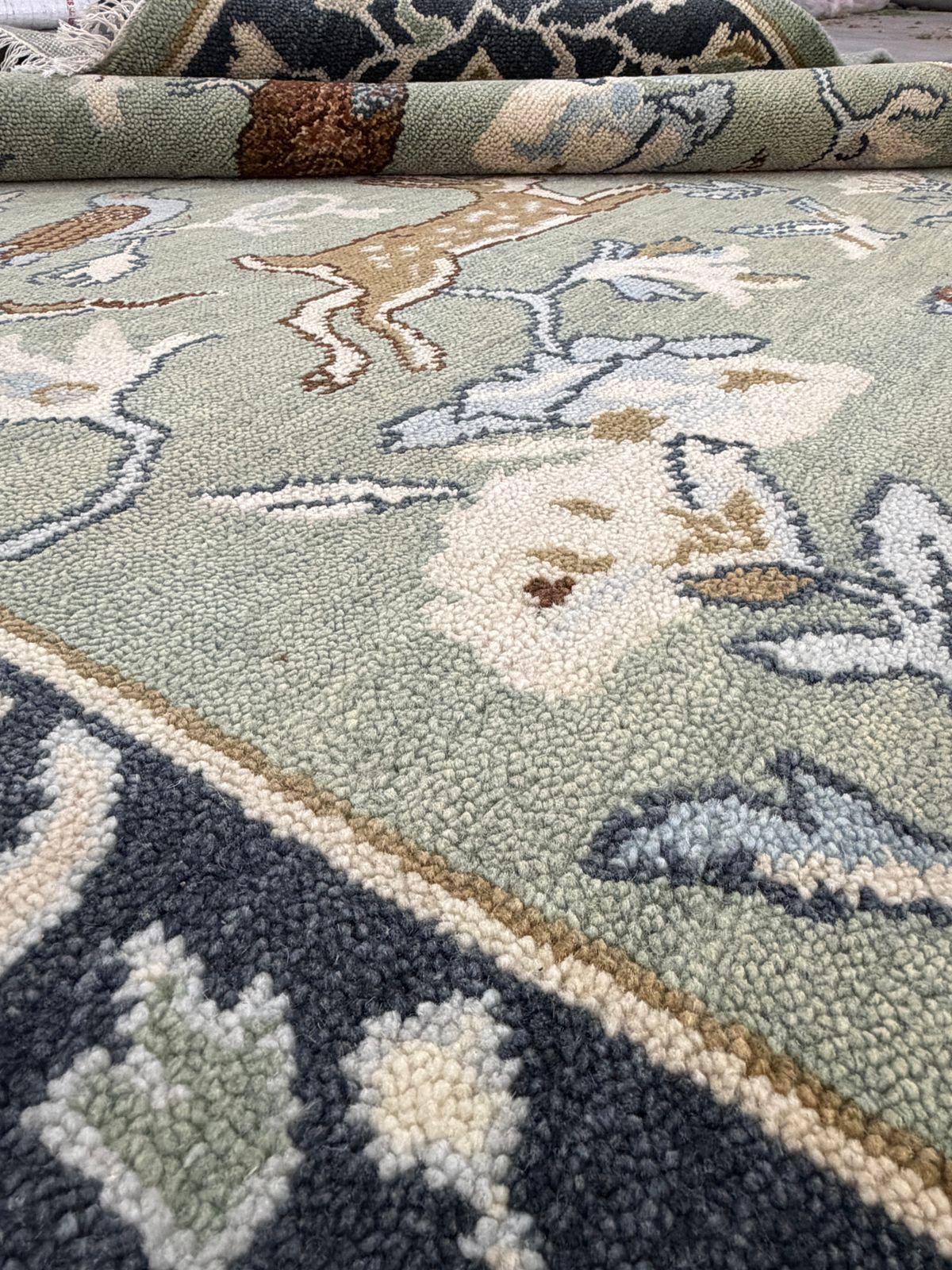 Hand-Knotted Wool Woodland Animal Rug, Deer Bird Nature Nursery Carpet
