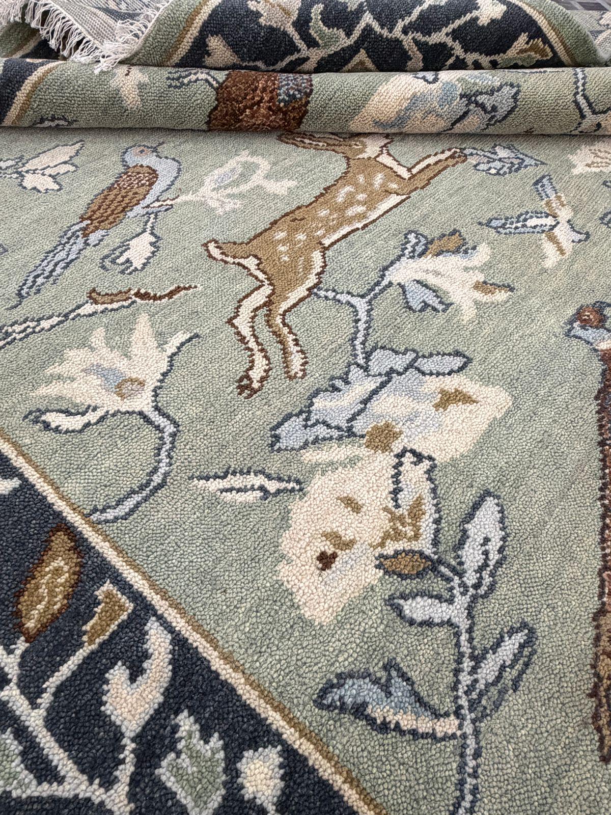 Hand-Knotted Wool Woodland Animal Rug, Deer Bird Nature Nursery Carpet