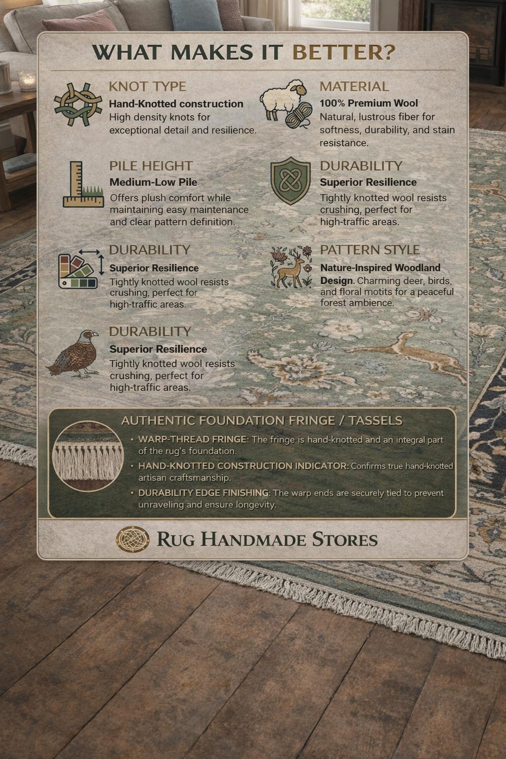 Hand-Knotted Wool Woodland Animal Rug, Deer Bird Nature Nursery Carpet