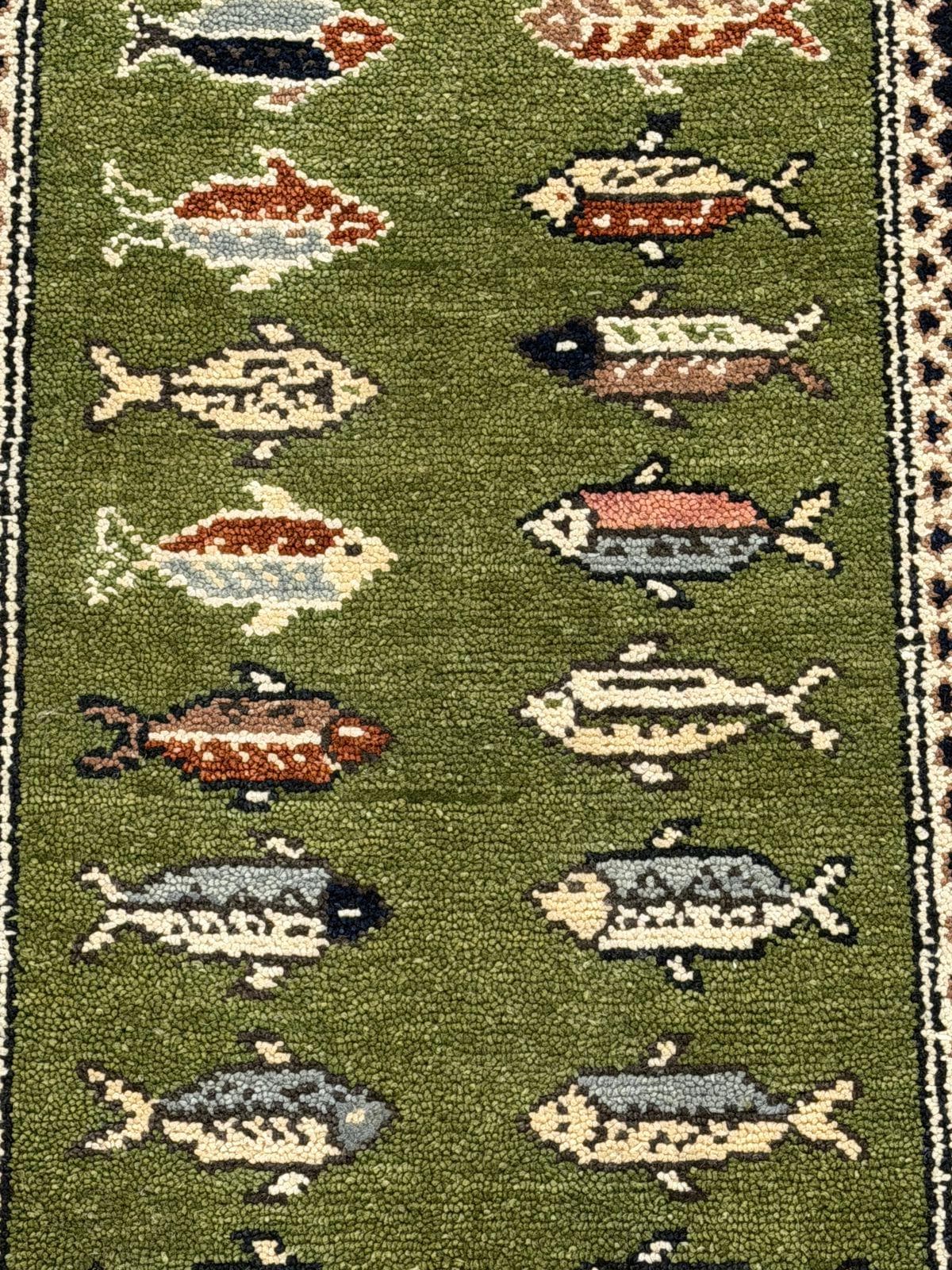 Hand-Knotted Wool Runner Rug, Green Fish Animal Motif, Vintage Style Hallway Carpet
