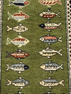 Hand-Knotted Wool Runner Rug, Green Fish Animal Motif, Vintage Style Hallway Carpet