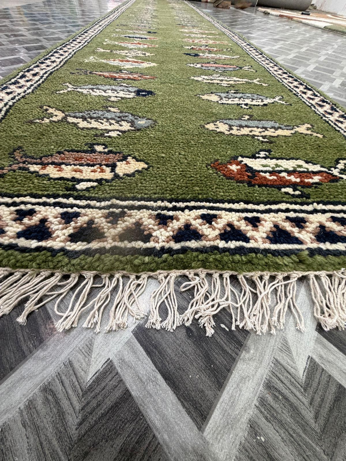 Hand-Knotted Wool Runner Rug, Green Fish Animal Motif, Vintage Style Hallway Carpet