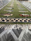 Hand-Knotted Wool Runner Rug, Green Fish Animal Motif, Vintage Style Hallway Carpet