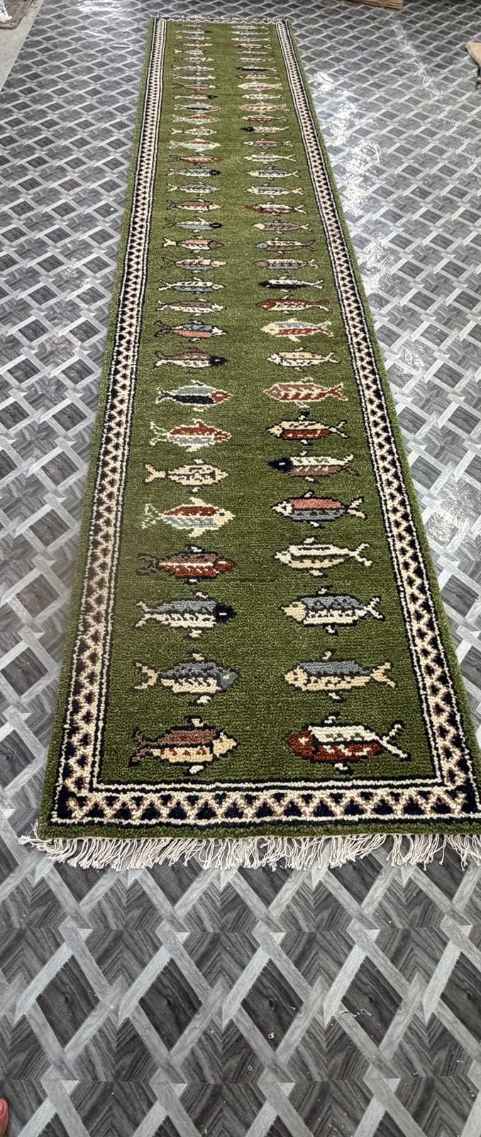 Hand-Knotted Wool Runner Rug, Green Fish Animal Motif, Vintage Style Hallway Carpet