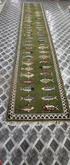 Hand-Knotted Wool Runner Rug, Green Fish Animal Motif, Vintage Style Hallway Carpet