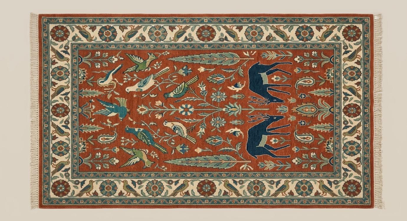 Hand-Knotted Wool Bird Deer Rug, Rust Orange Persian Inspired Floral Carpet
