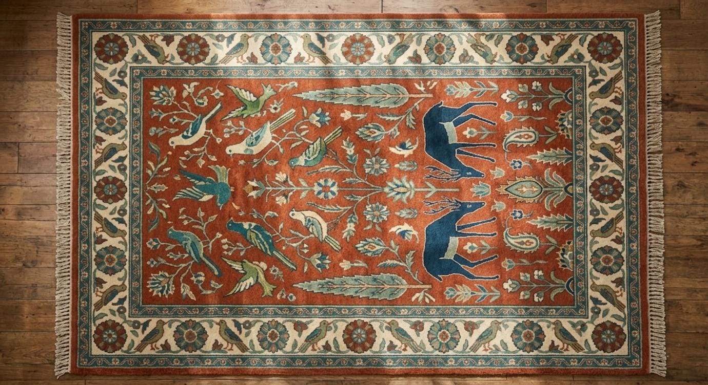 Hand-Knotted Wool Bird Deer Rug, Rust Orange Persian Inspired Floral Carpet