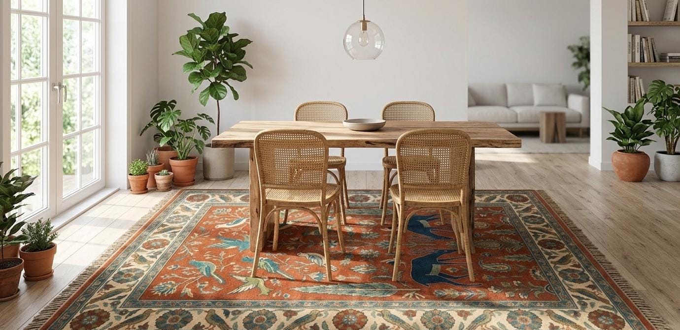 Hand-Knotted Wool Bird Deer Rug, Rust Orange Persian Inspired Floral Carpet