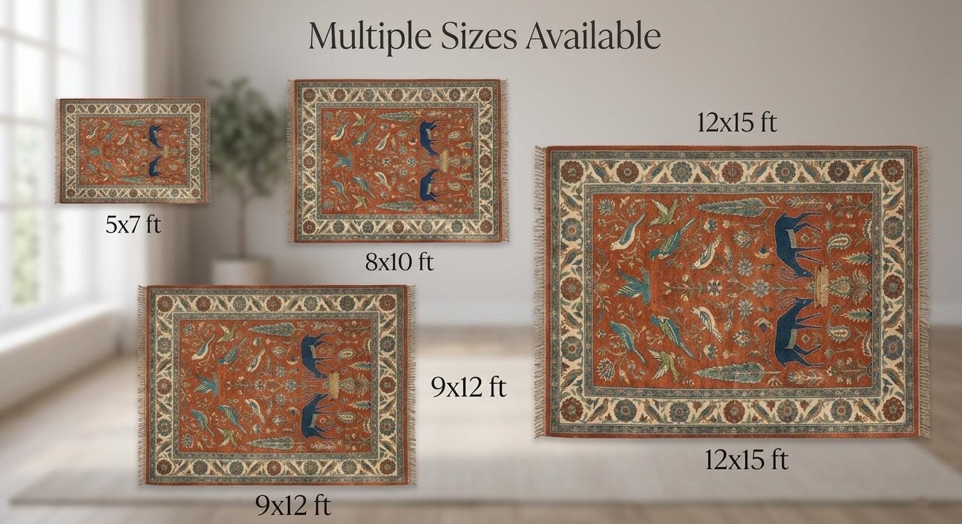 Hand-Knotted Wool Bird Deer Rug, Rust Orange Persian Inspired Floral Carpet