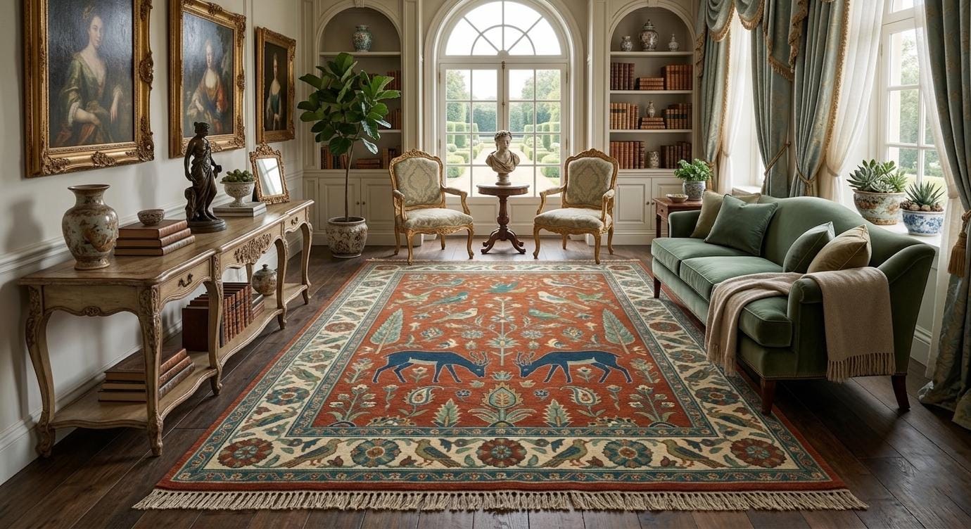 Hand-Knotted Wool Bird Deer Rug, Rust Orange Persian Inspired Floral Carpet
