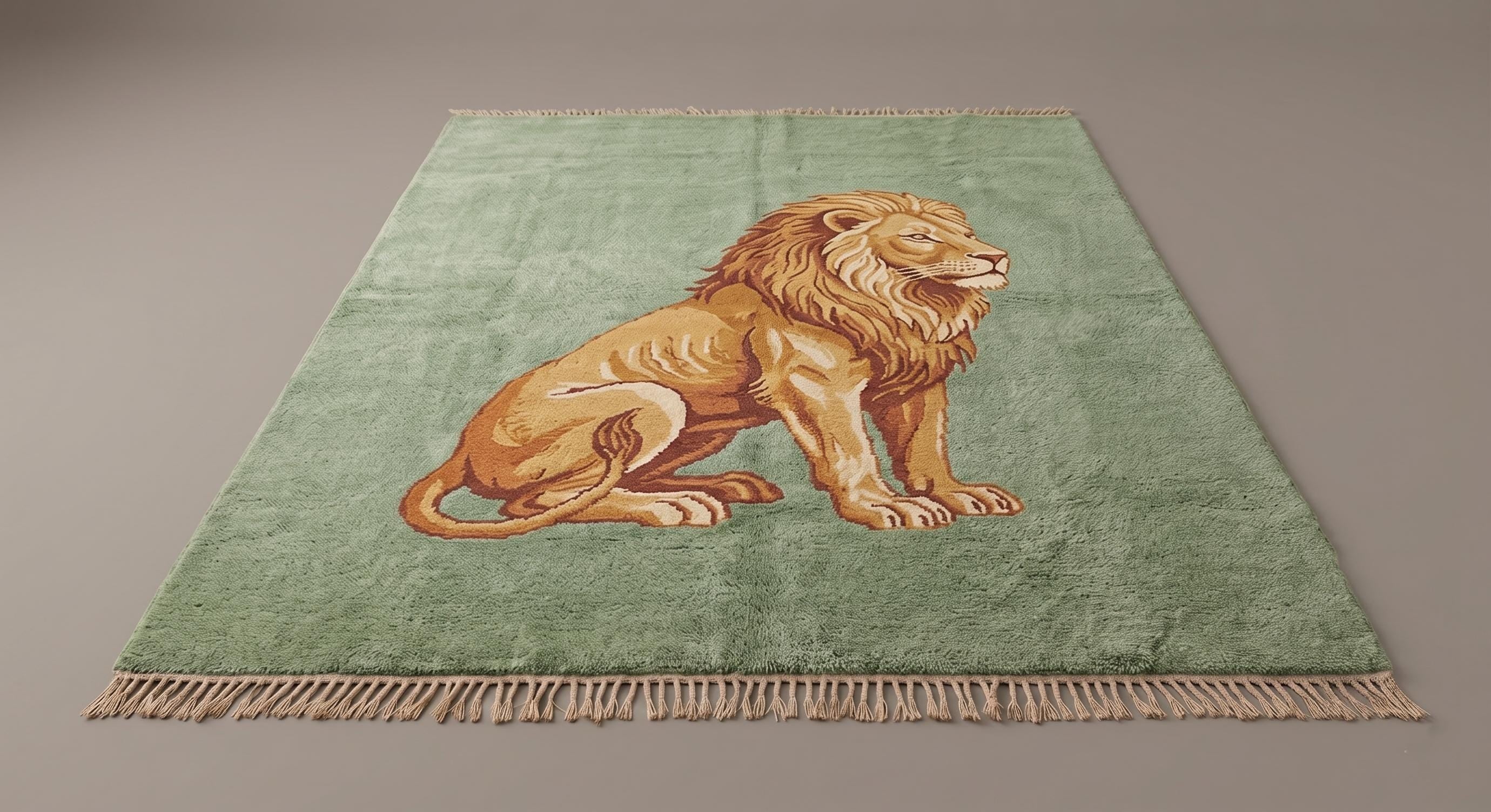 Hand Knotted Lion Wool Rug, Green Animal Design Carpet, Living Room Statement Piece