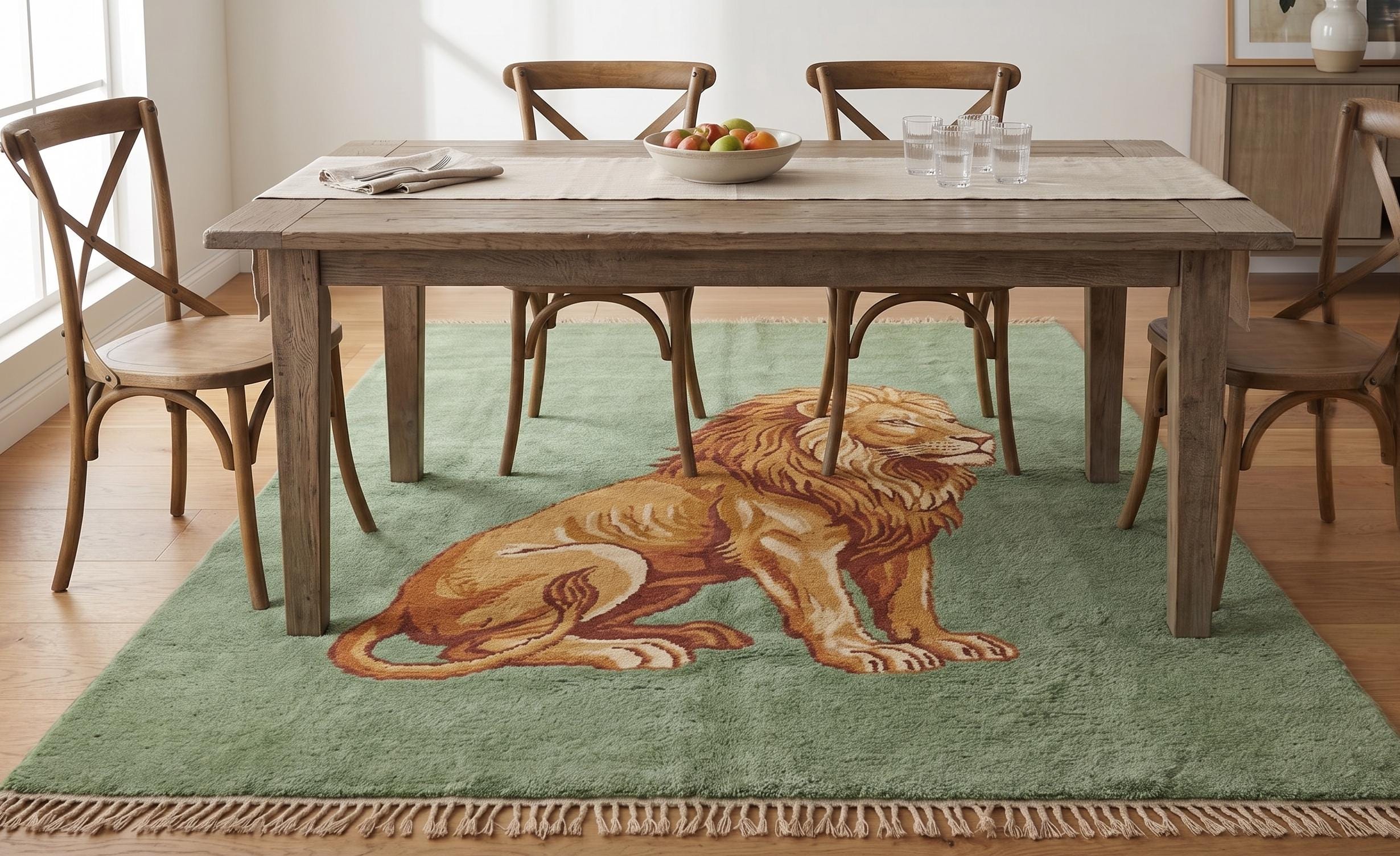 Hand Knotted Lion Wool Rug, Green Animal Design Carpet, Living Room Statement Piece