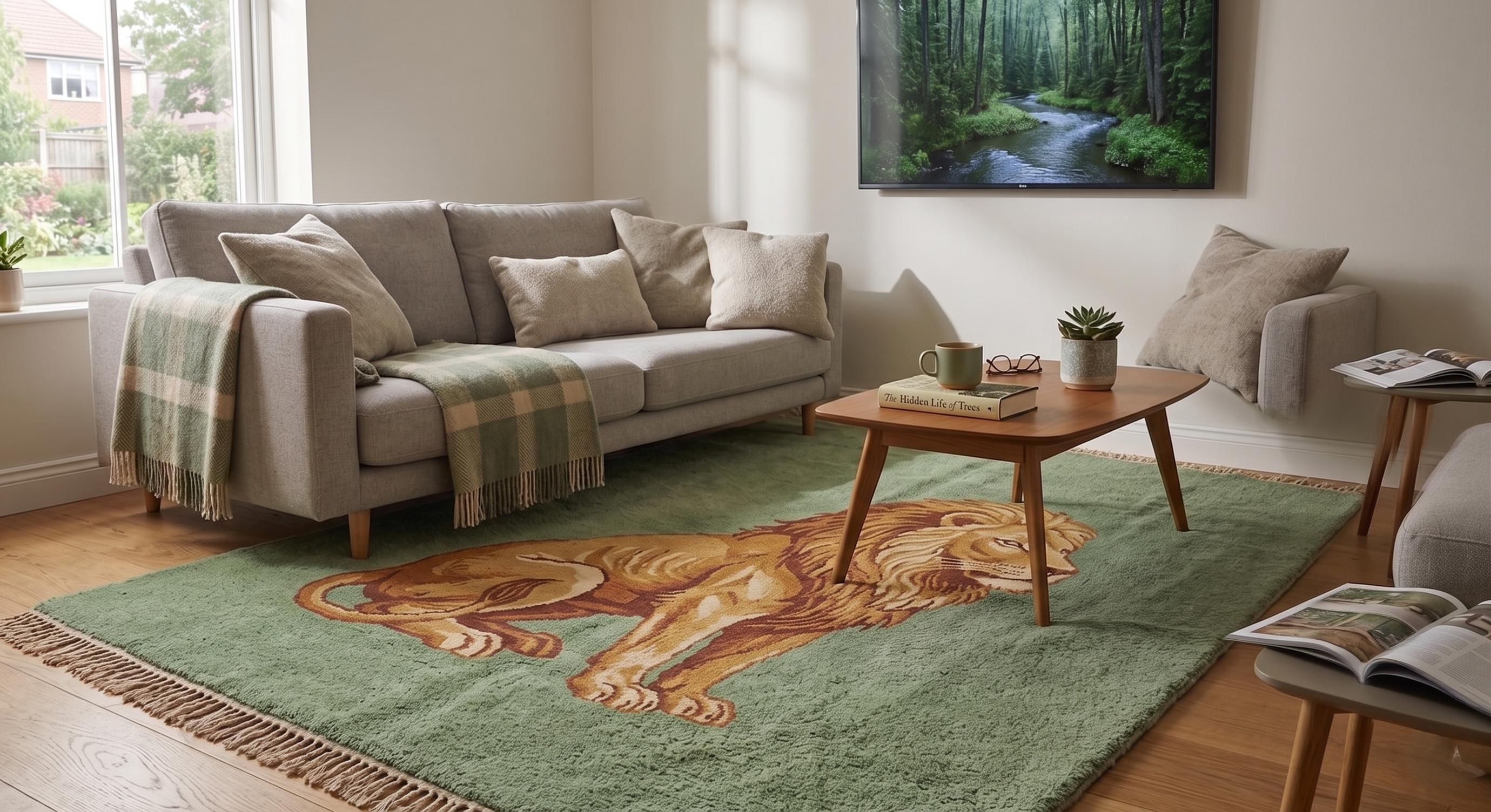 Hand Knotted Lion Wool Rug, Green Animal Design Carpet, Living Room Statement Piece