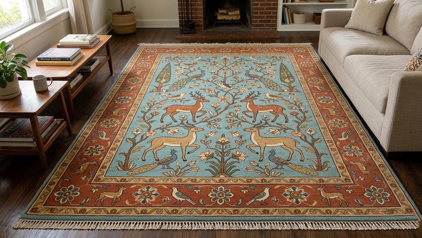Hand-Knotted Wool Rug, Persian Style Blue Floral Deer Animal Oriental Carpet