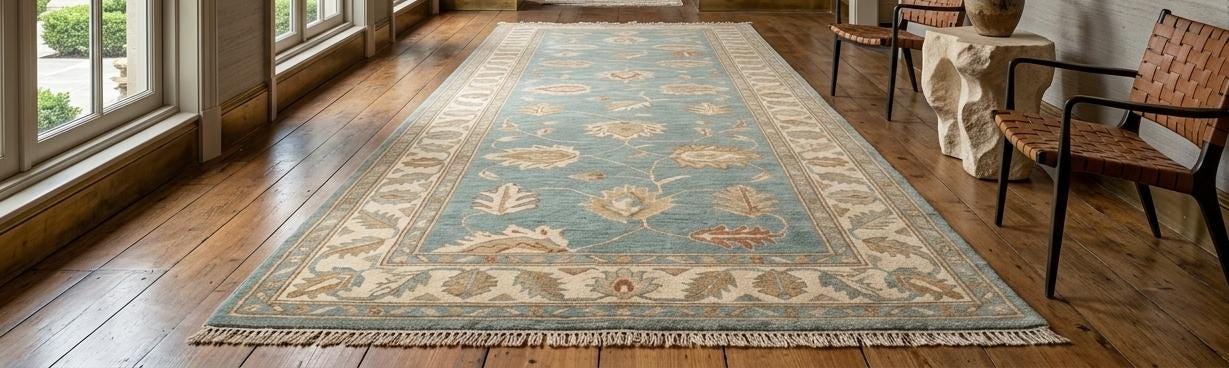 Hand-Knotted Wool Runner Rug, Blue Floral Garden Oriental Hallway Carpet