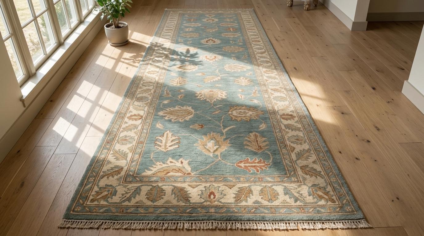 Hand-Knotted Wool Runner Rug, Blue Floral Garden Oriental Hallway Carpet
