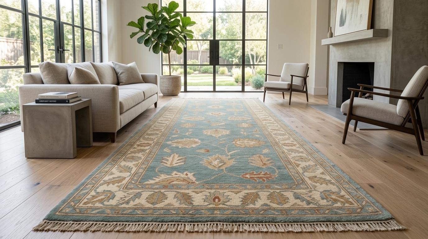 Hand-Knotted Wool Runner Rug, Blue Floral Garden Oriental Hallway Carpet