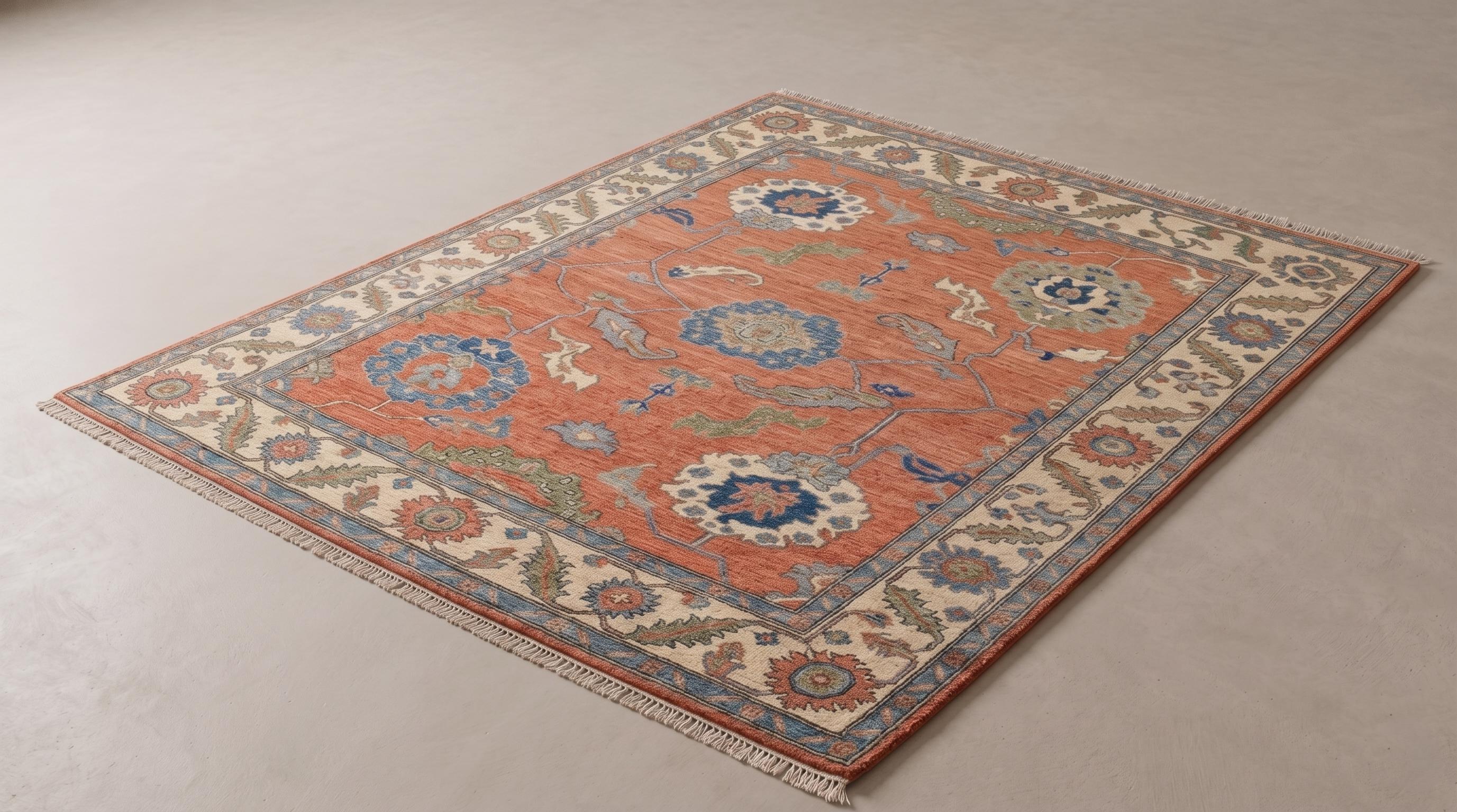 Hand-Knotted Wool Oushak Rug, Coral Blue Floral Oriental Carpet, Living Room Area Rug