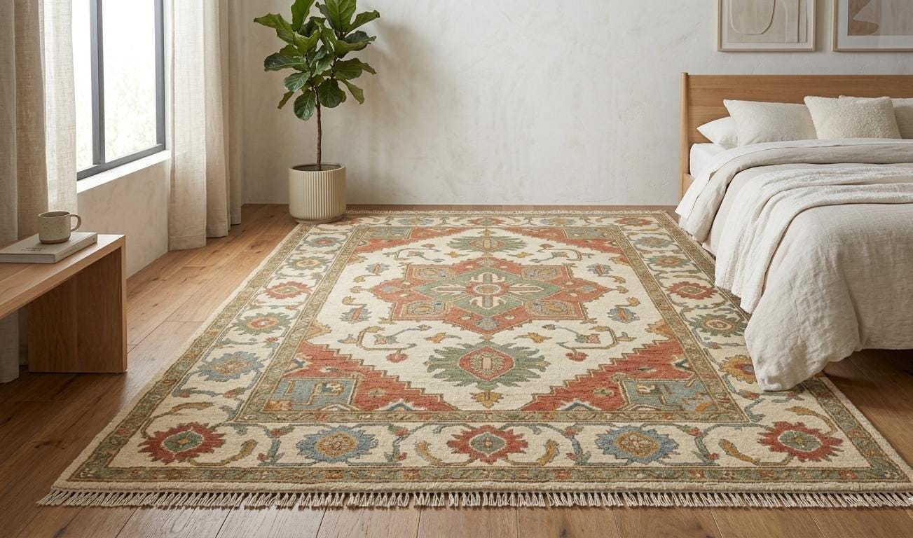 Hand Knotted Wool Oushak Rug, Traditional Oriental Medallion Carpet, Boho Living Room Area Rug