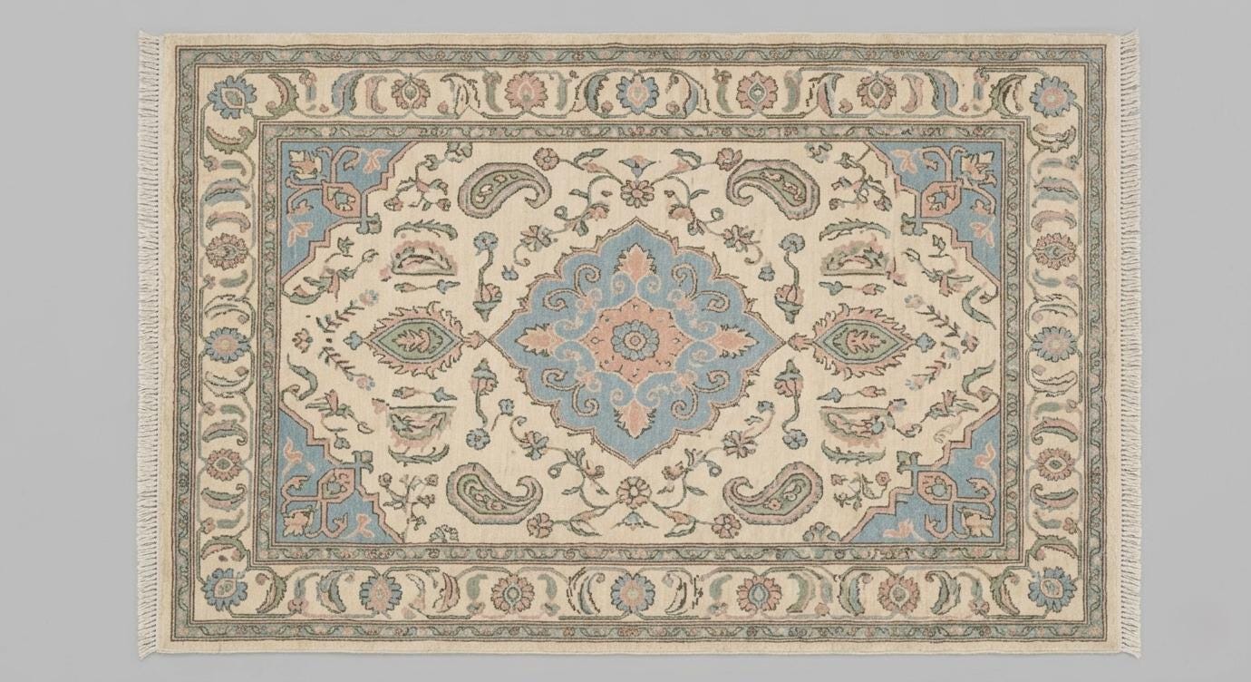 Hand Knotted Wool Rug, Pastel Floral Medallion, Turkish Boho Carpet, Beige Blue Living Room