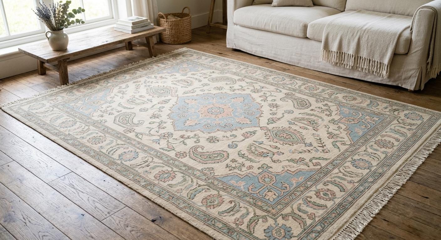 Hand Knotted Wool Rug, Pastel Floral Medallion, Turkish Boho Carpet, Beige Blue Living Room