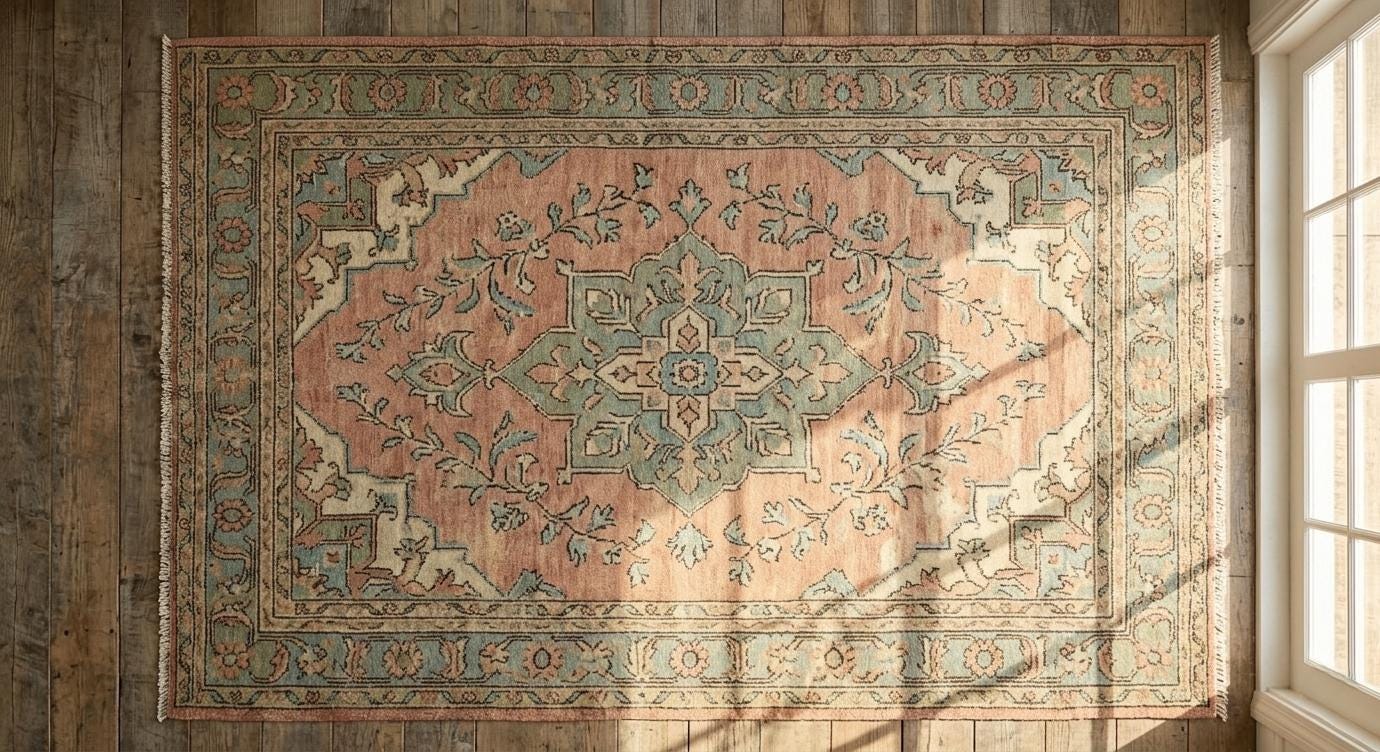Handmade Vintage Style Rug, Floral Persian Area Rug, Soft Pastel Wool Rug, Boho Traditional Carpet, Neutral Beige Pink Living Room Rug .